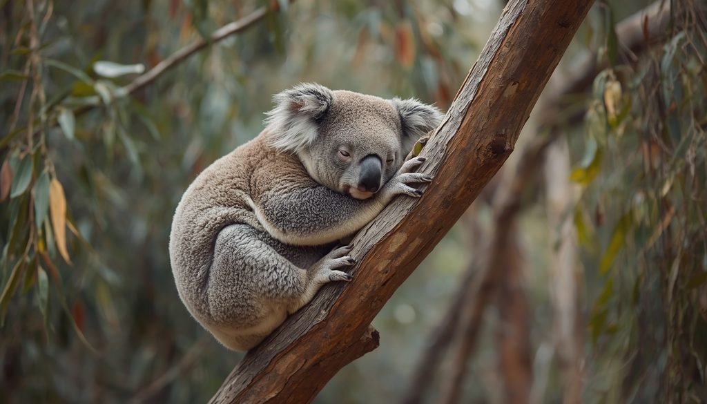 Koala resting on a eucalyptus branch in an Australian forest.