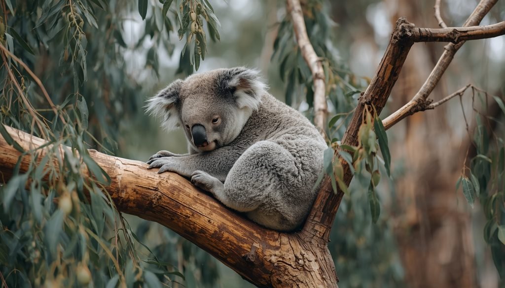 Koala resting on a branch in a eucalyptus tree