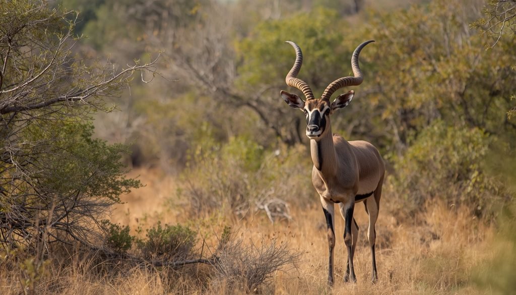A greater kudu antelope with long spiral horns standing in African woodland