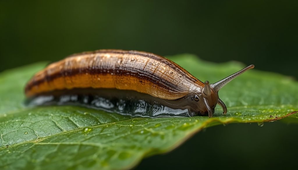 Land slug moving across a leaf while feeding with its radula.