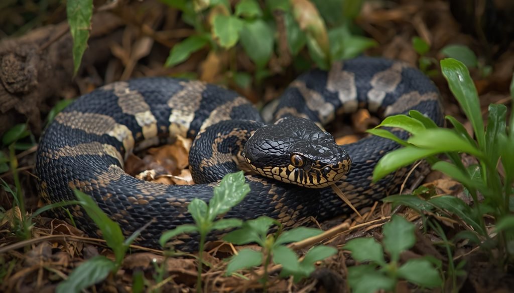  Large constrictor snake resting among vegetation in a natural habitat.
