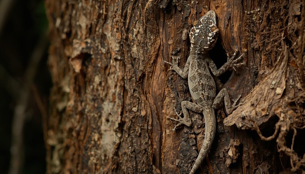 Leaf-tailed gecko camouflaged against tree bark in a Madagascar forest