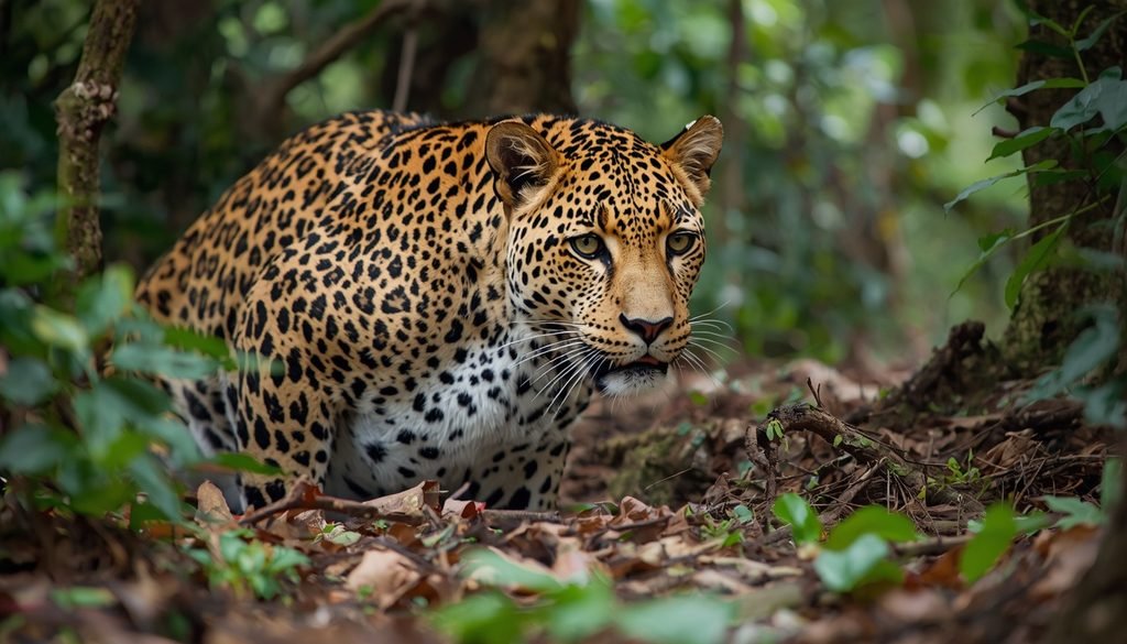 Leopard in a forest habitat, a natural predator of monkeys in parts of Africa and Asia.
