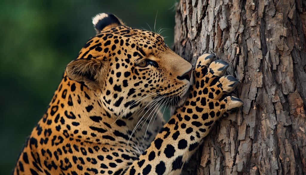 Leopard using curved claws to grip a tree trunk