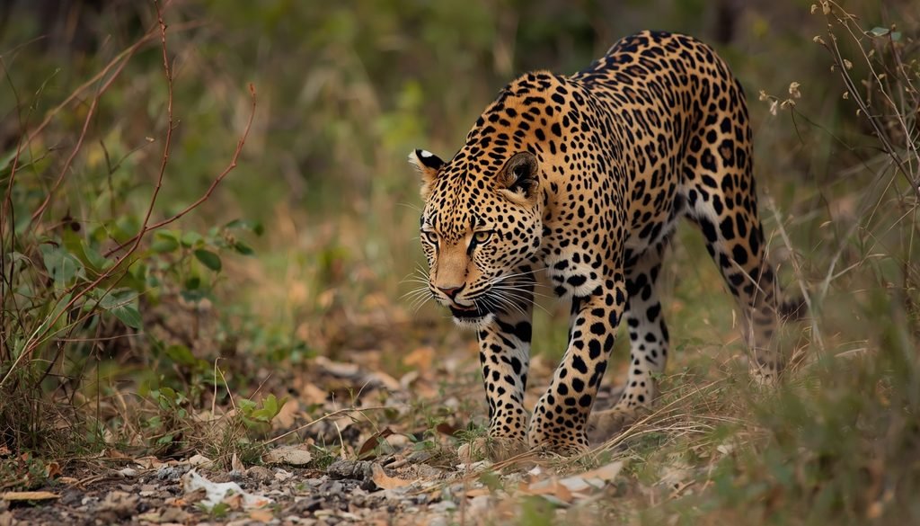 Leopard using camouflage to stalk prey