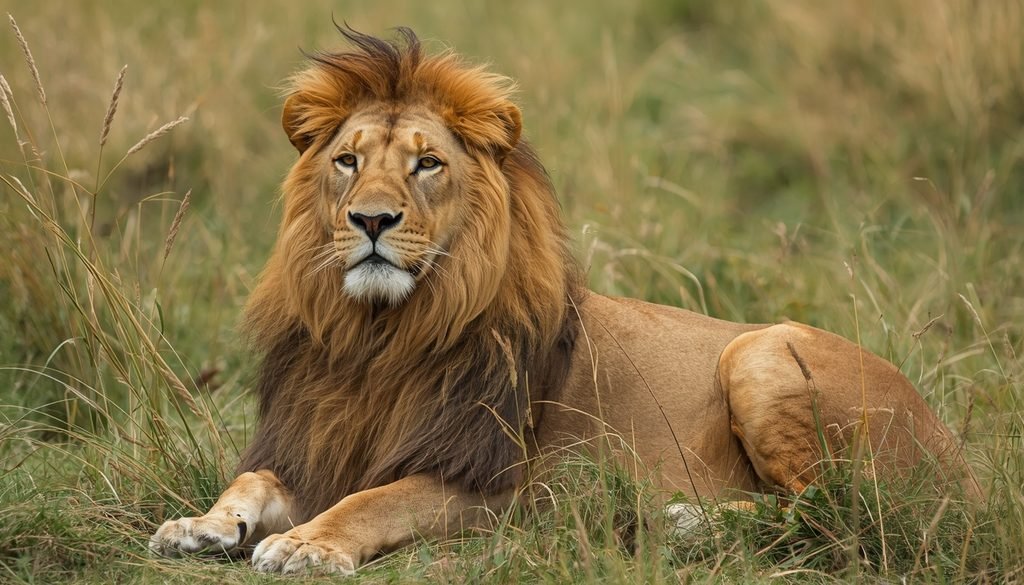 African lion resting in its natural savanna grassland habitat