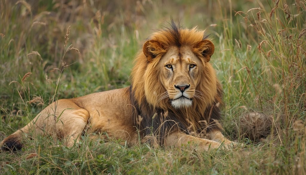 Lion lying in the grass and resting on the African savanna