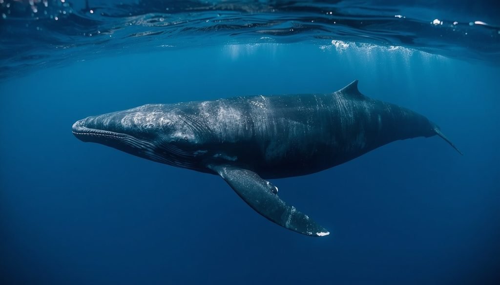 A long-finned pilot whale swimming in open ocean water