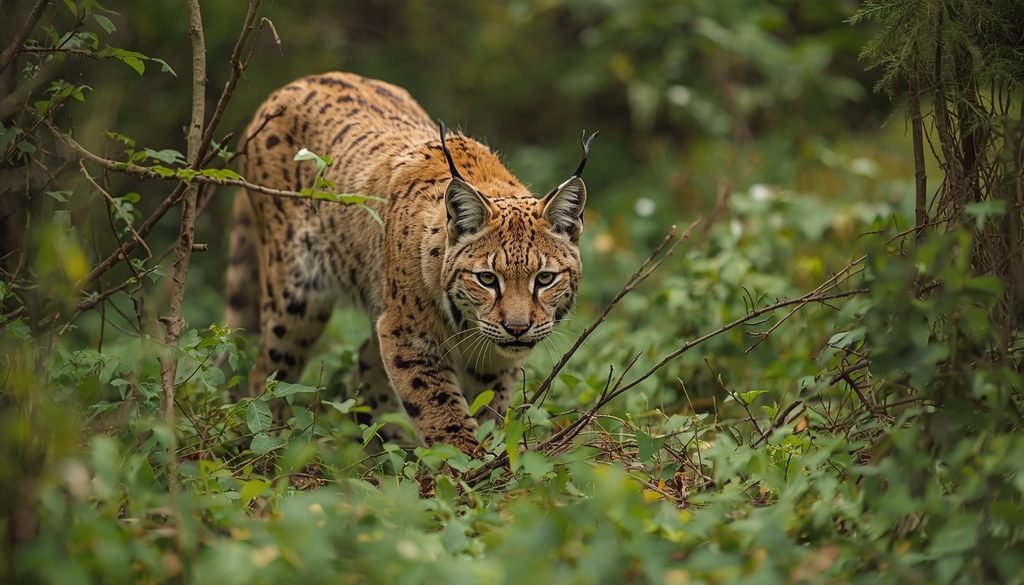 Lynx using forest camouflage while stalking prey