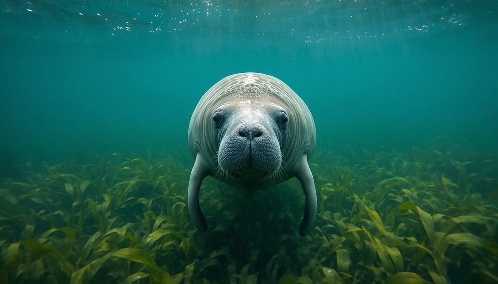 West Indian manatee swimming peacefully through underwater seagrass