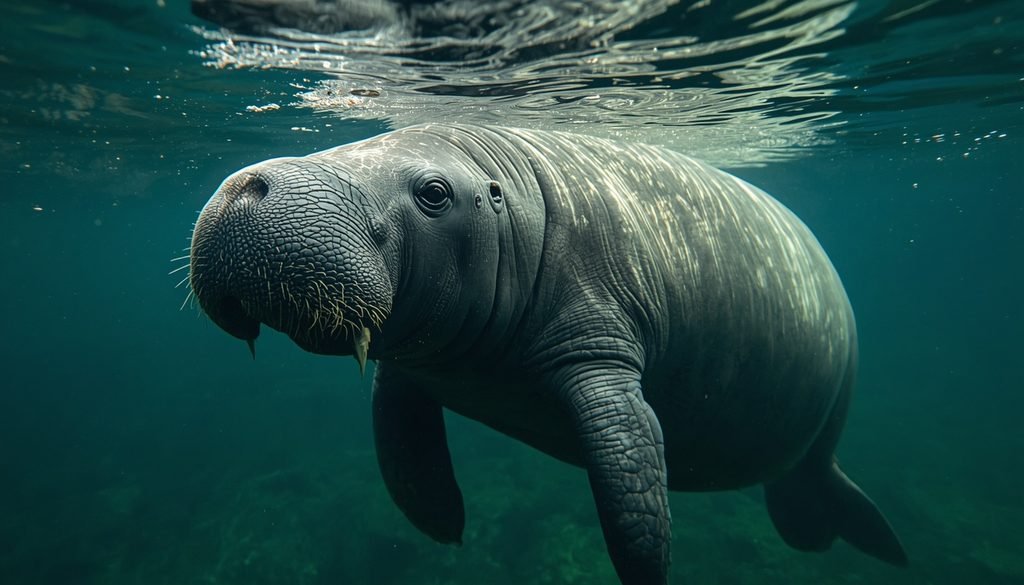 Manatee swimming with its thick wrinkled skin visible