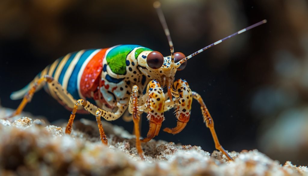 Peacock mantis shrimp showing its colorful body and unusual compound eyes.