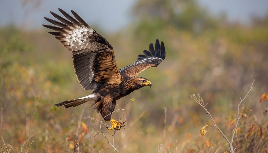 Martial eagle scanning open African woodland for prey.