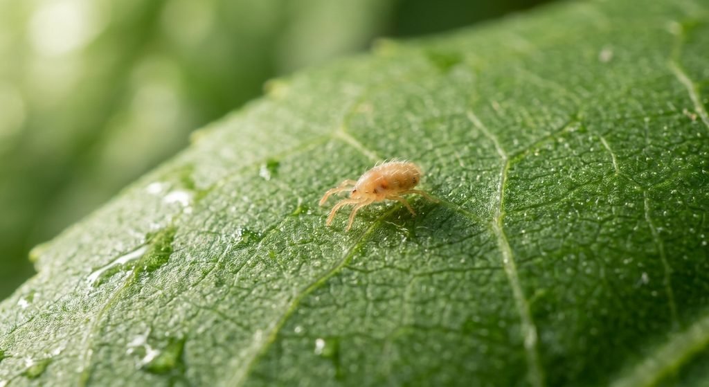 Small mite moving across the surface of a green leaf.