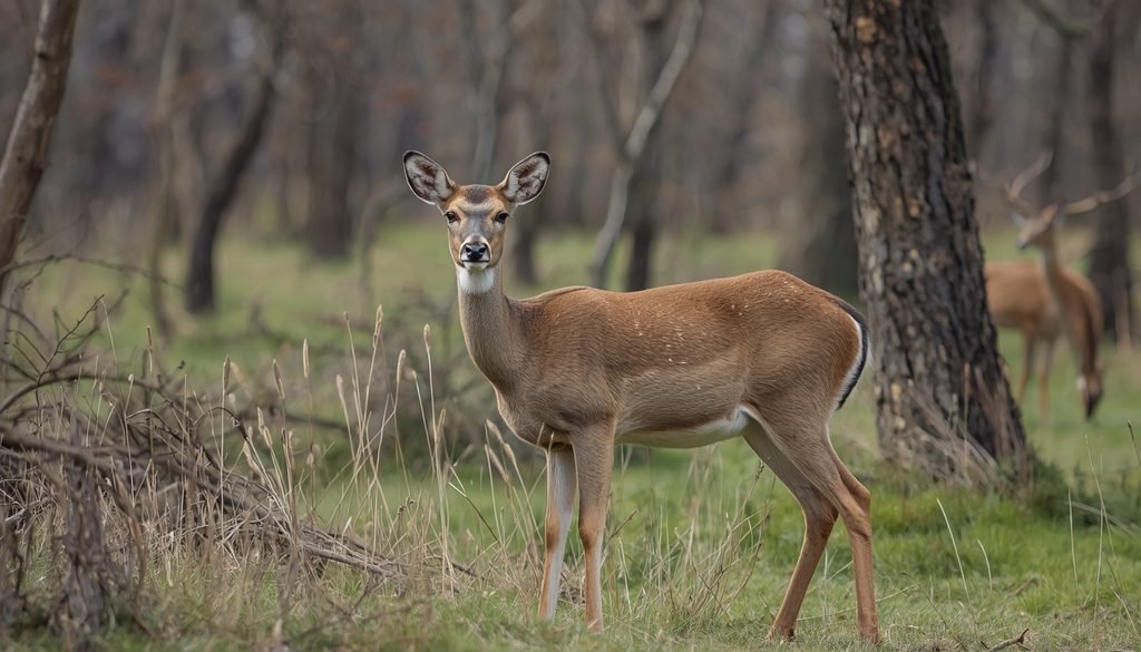 Mule deer with prominent ears standing in a natural woodland habitat