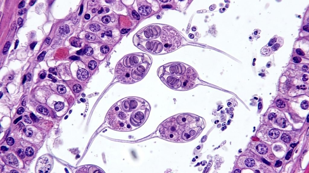 Microscopic myxozoan parasite viewed under scientific magnification.