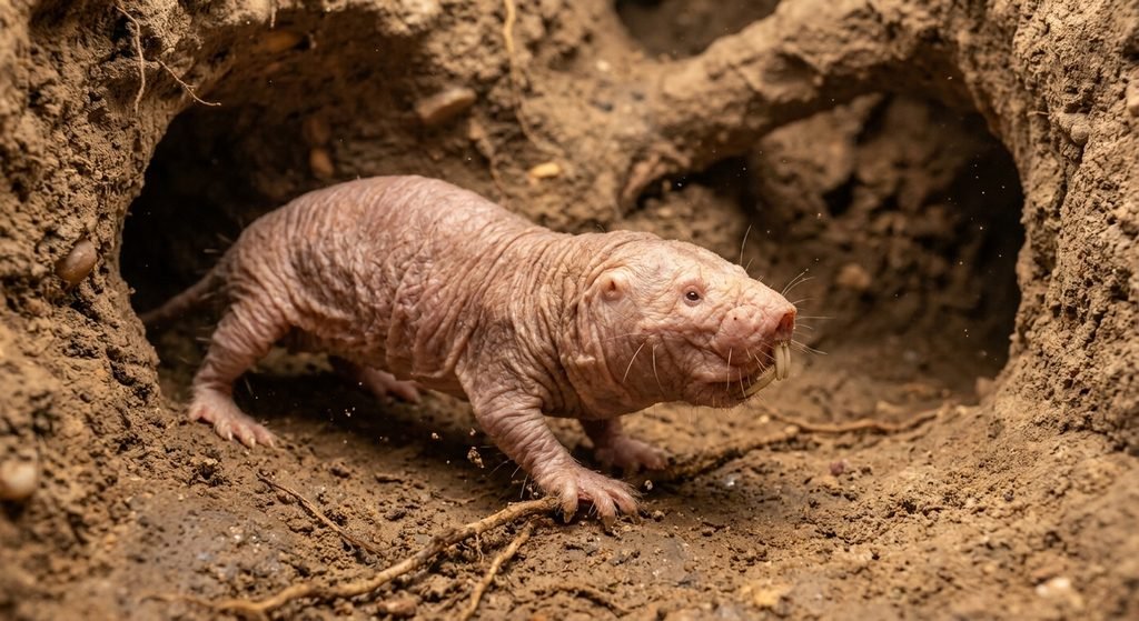 Naked mole-rat with tiny eyes and wrinkled skin in an underground environment