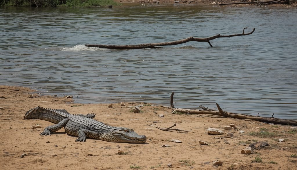 Nile crocodile waiting near an African riverbank where animals come to drink.