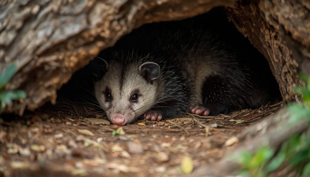 North American opossum resting near a sheltered den