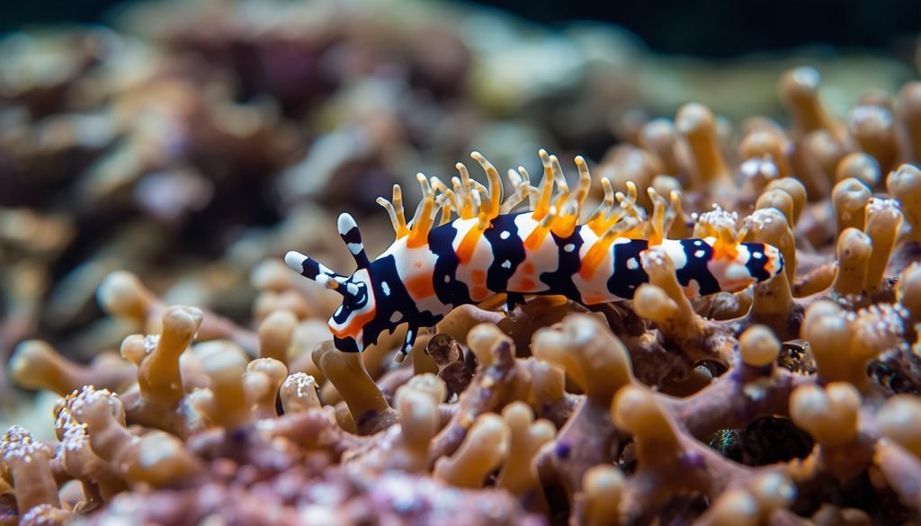 Colorful nudibranch crawling slowly across a coral reef.