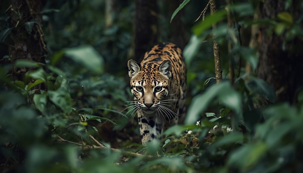 Ocelot walking through dense forest vegetation while searching for prey.v