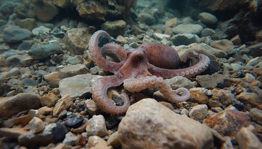Octopus changing its appearance among rocks on the ocean floor