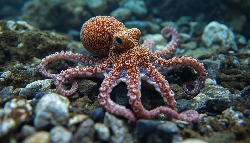 Octopus blending into rocks using natural camouflage