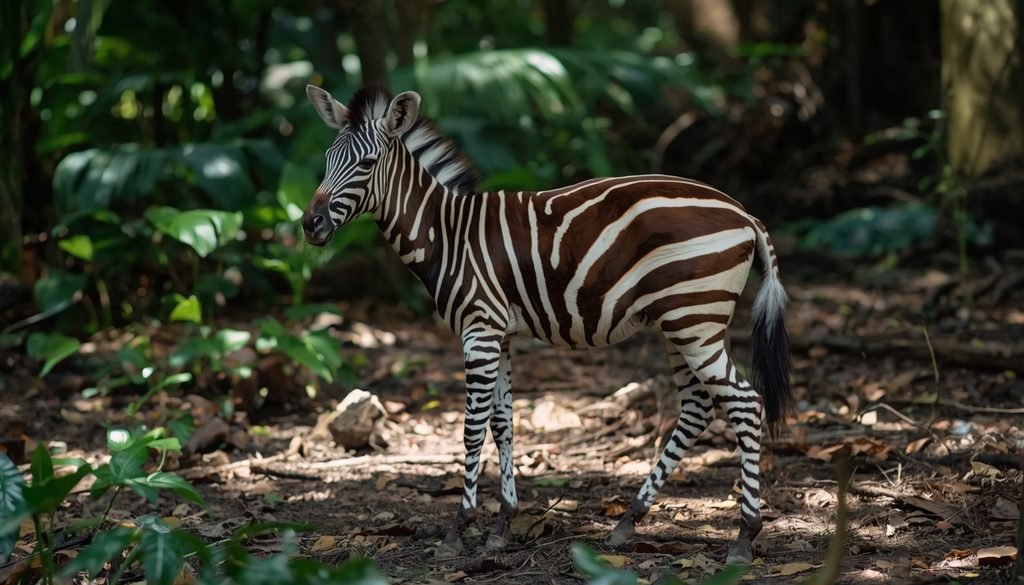 Okapi showing white striped markings on its legs in rainforest shade