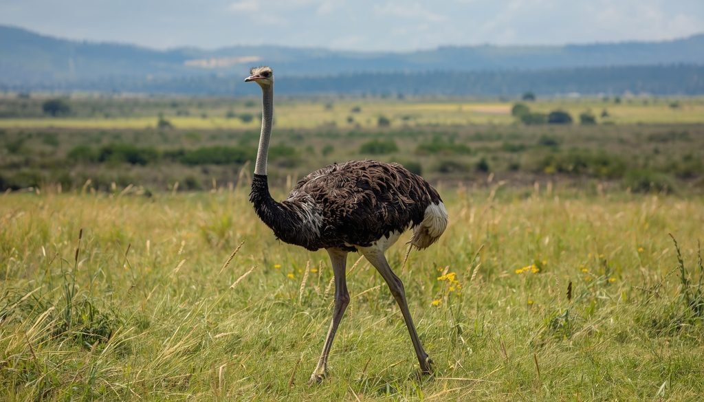 Ostrich walking across an open African grassland