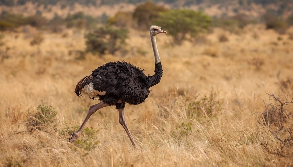 Ostrich running across a dry African grassland