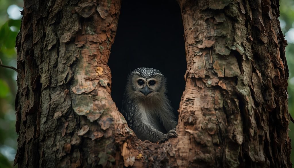 Owl monkey resting inside a tree cavity in a tropical forest