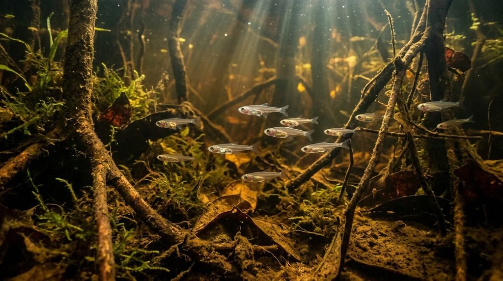 Miniature Paedocypris fish swimming in a peat-swamp habitat.