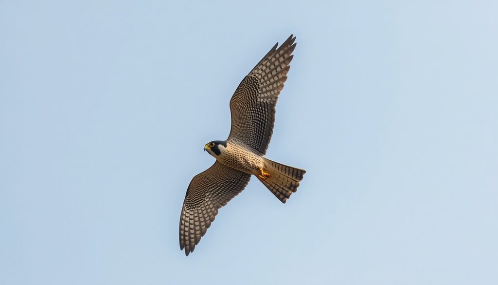 Peregrine falcon flying with pointed wings extended