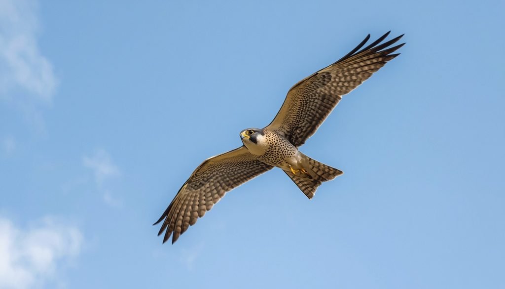 Peregrine falcon diving rapidly through the sky