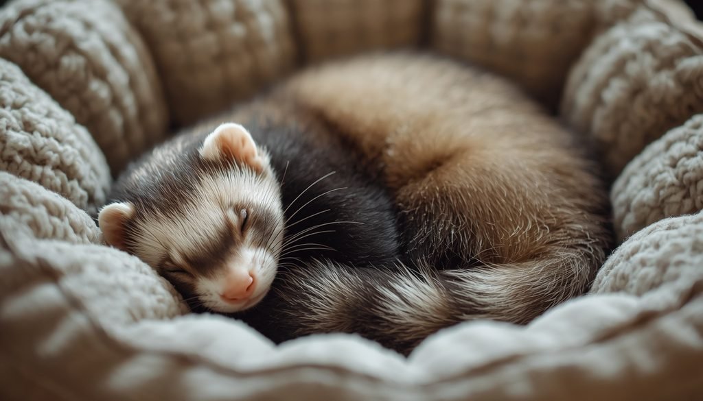 Pet ferret sleeping curled up in a comfortable bed