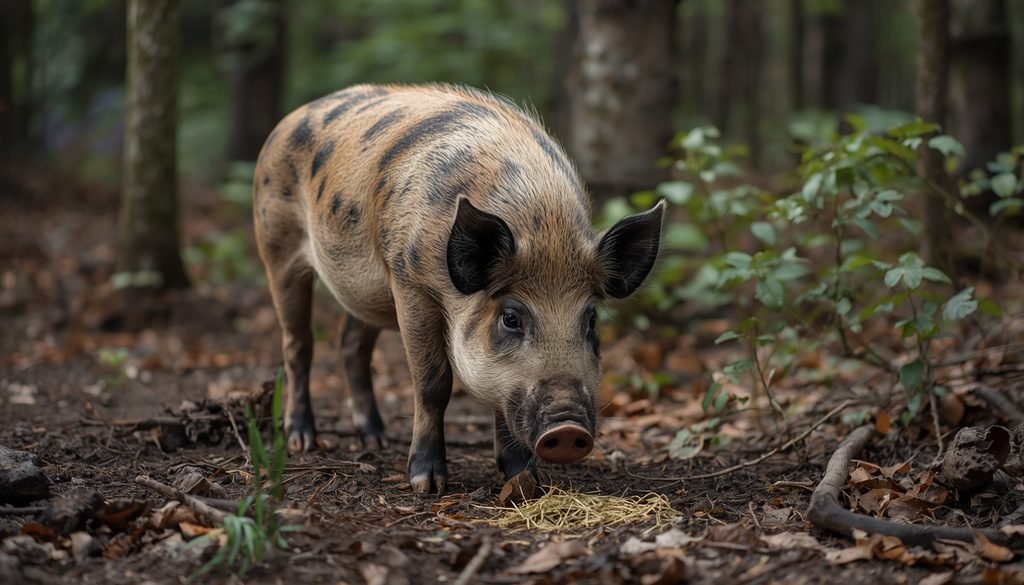 Wild pig foraging for food in a forest