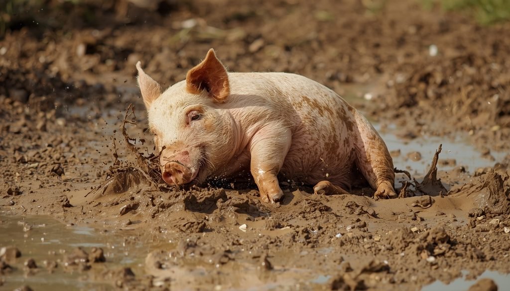 Pig rolling in a muddy wallow on a farm