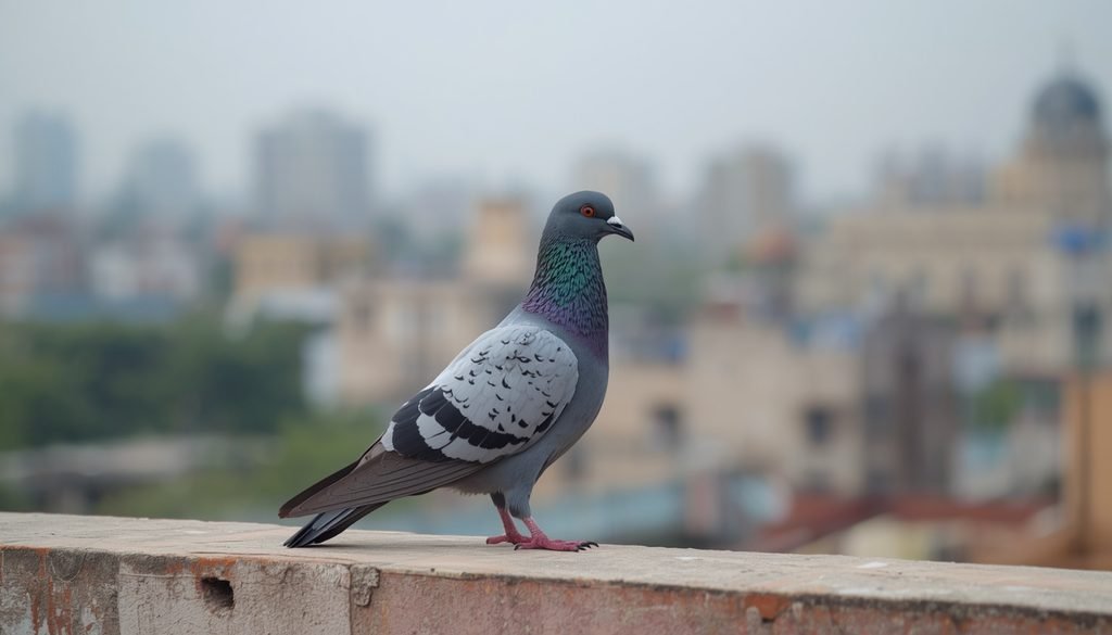 Pigeon standing alert on a ledge in an urban environment
