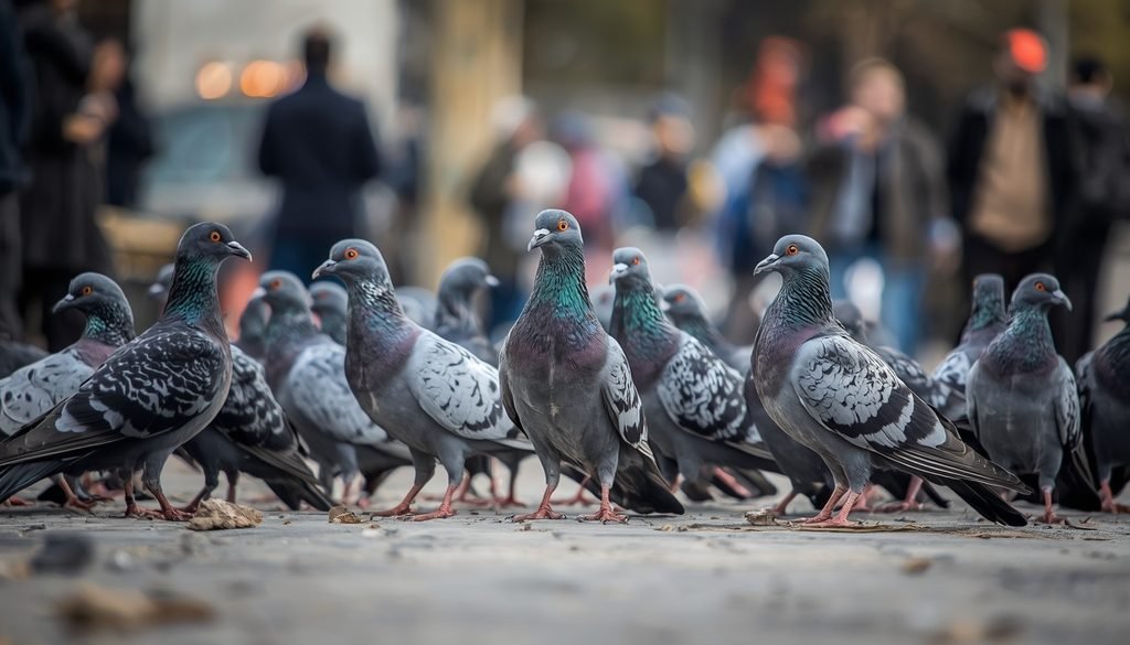 Rock pigeons standing together on a city pavement