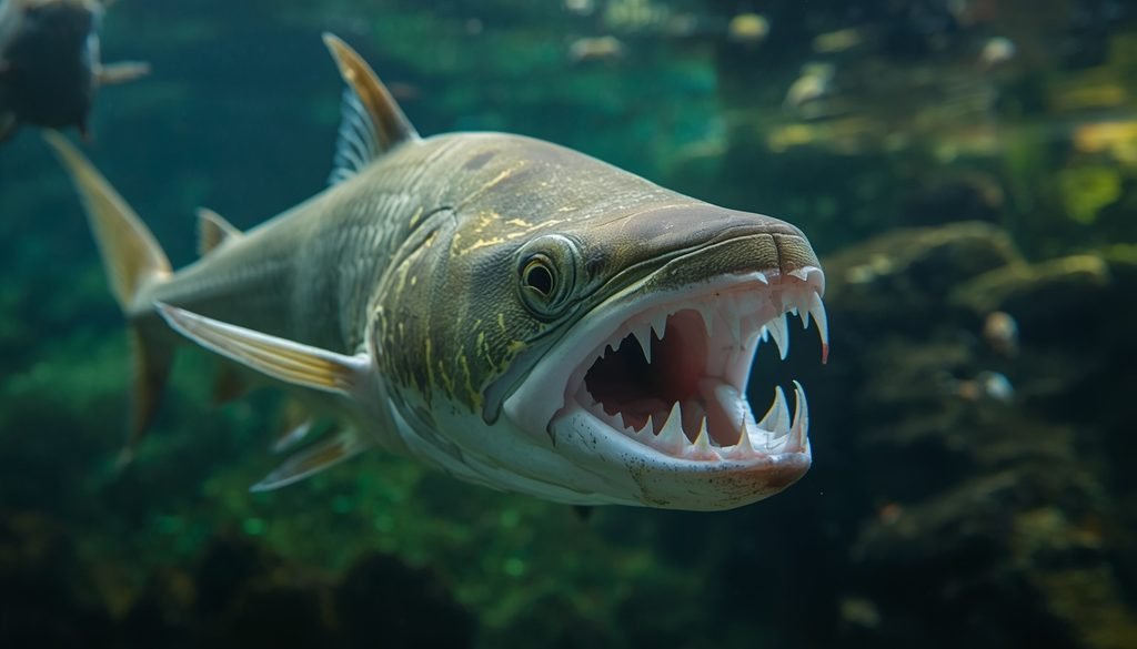 Piranha displaying its sharp triangular teeth in freshwater.