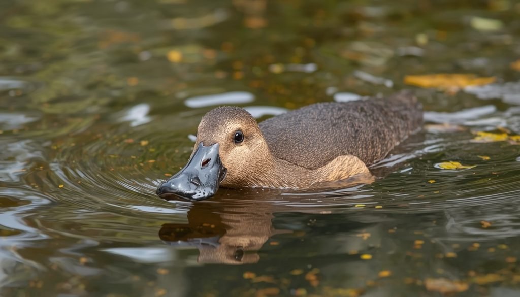 Platypus with its duck-like bill swimming in a freshwater habitat