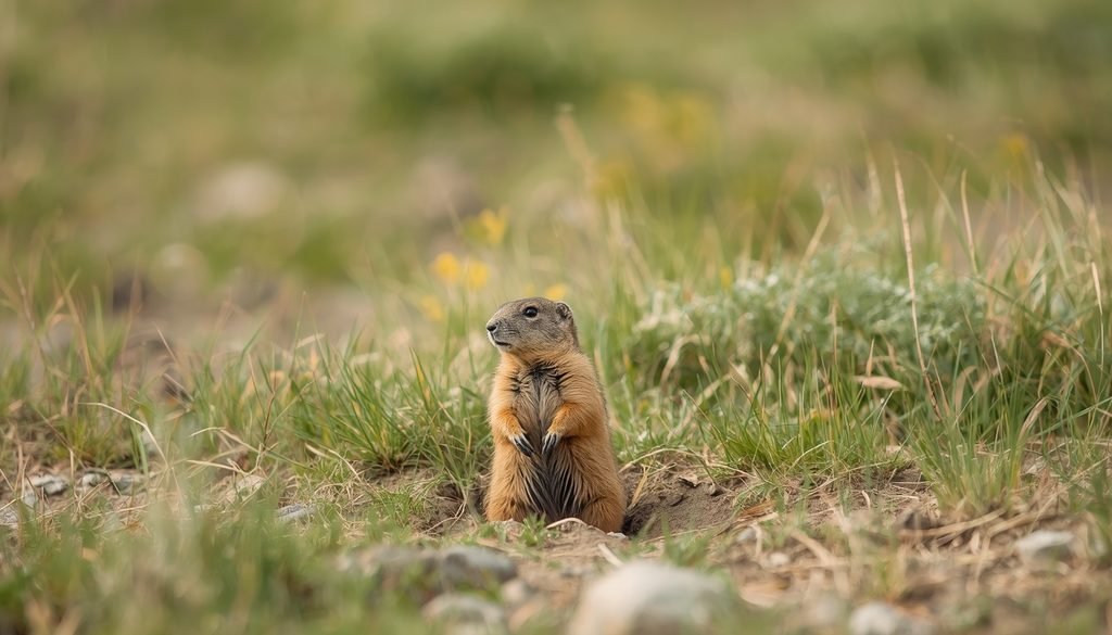 Black-tailed prairie dog standing near its burrow in open grassland
