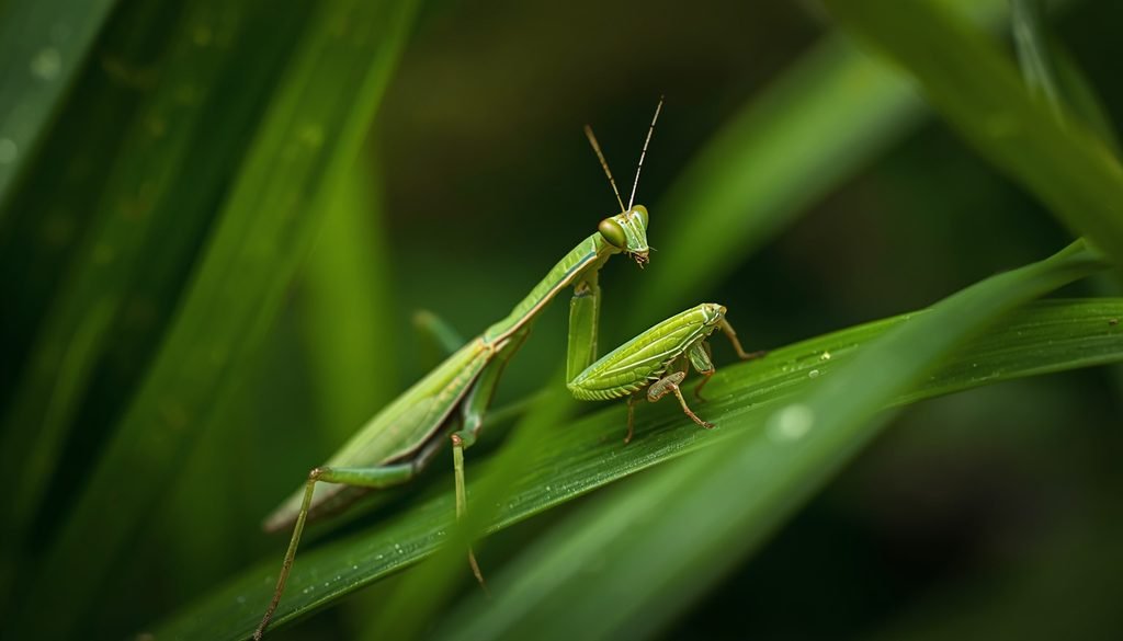 Praying mantis hiding among green leaves while hunting