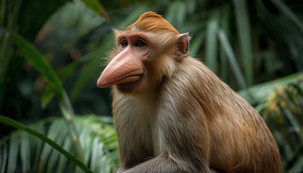 Proboscis monkey with its prominent nose sitting among tropical foliage