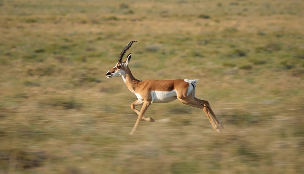 Pronghorn running quickly across an open grassland