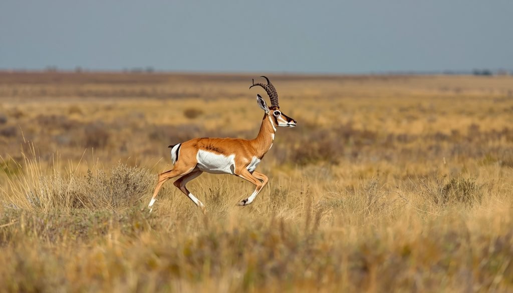 Pronghorn running across open grassland in North America