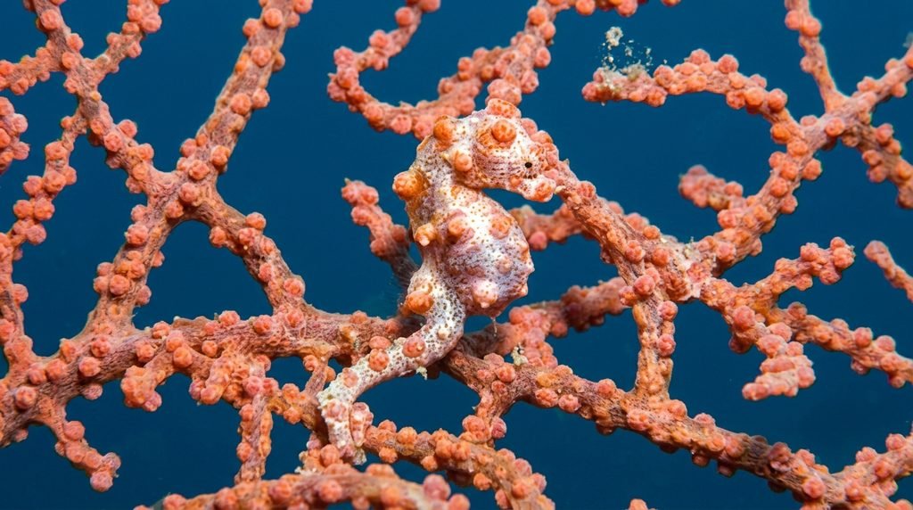 Small pygmy seahorse camouflaged against a sea fan.