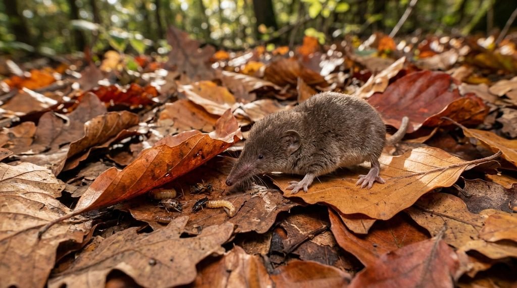 Tiny pygmy shrew searching for insects among fallen leaves.