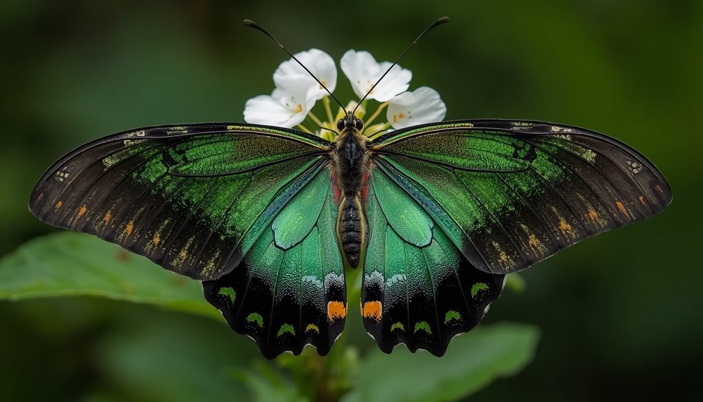 A Queen Alexandra’s birdwing butterfly with large green and black wings