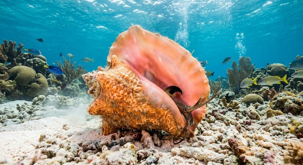 A queen conch sea snail with a large pink-lined shell underwater